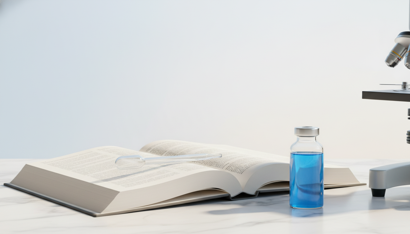 Researcher's lab bench in bright daylight: open hardcover journal, clean unmarked glass vial with cool-blue liquid, edge of a chrome microscope.