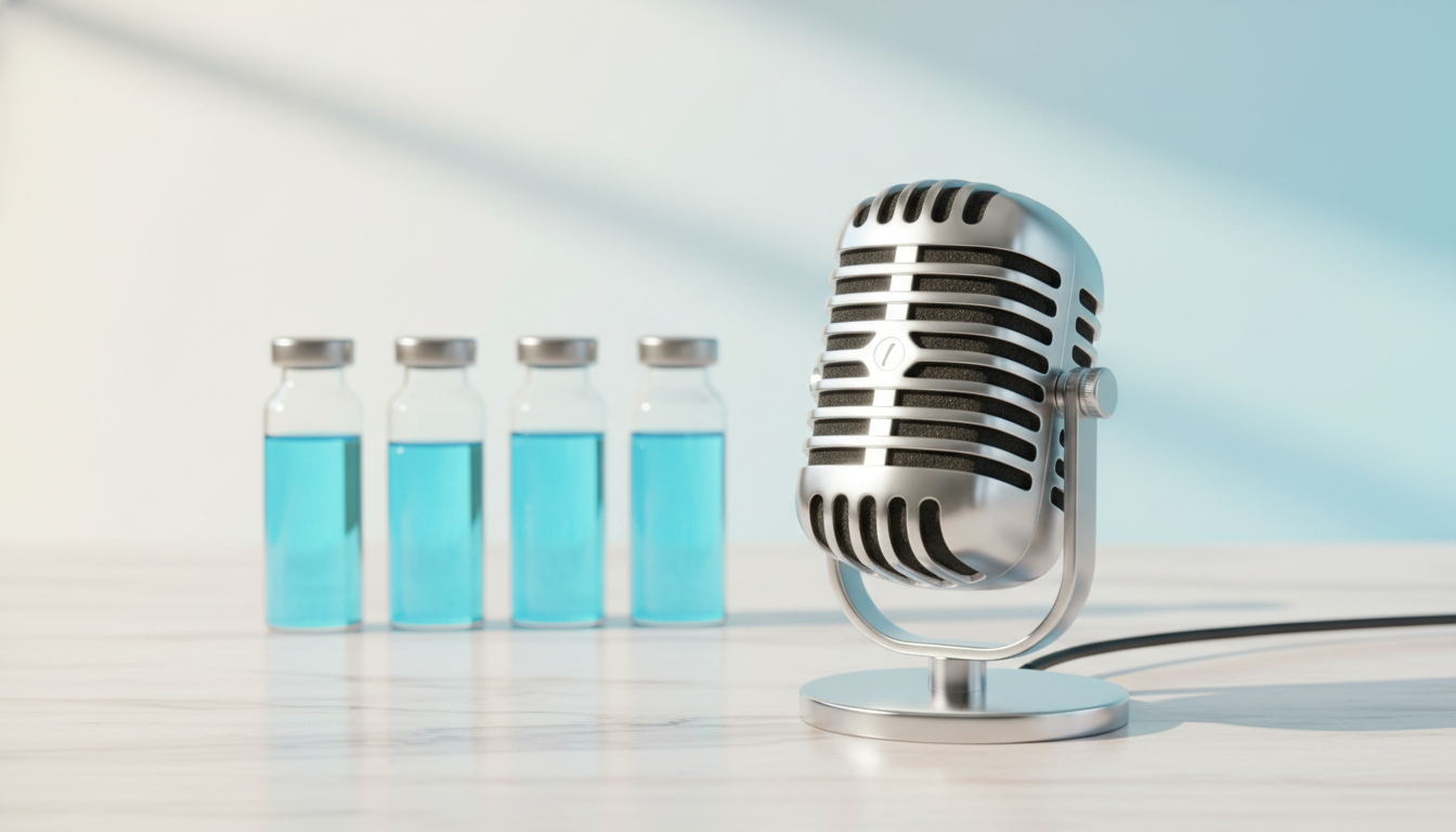 Vintage chrome broadcast microphone in front of a row of clean unmarked vials with blue liquid, lit by soft natural daylight. Bright morning podcast aesthetic.
