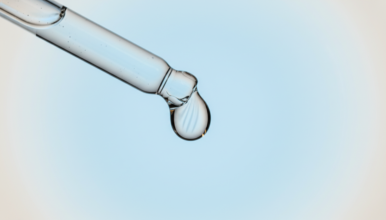 Macro photograph of a clean glass dropper with a perfectly formed liquid droplet at its tip on a pale blue gradient background.