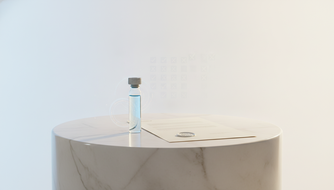 Editorial still-life of a BPC-157 vial beside a committee-style document with a split checkmark on pale marble — Vogue × Nature aesthetic, hero for the FDA BPC-157 compounding vote.